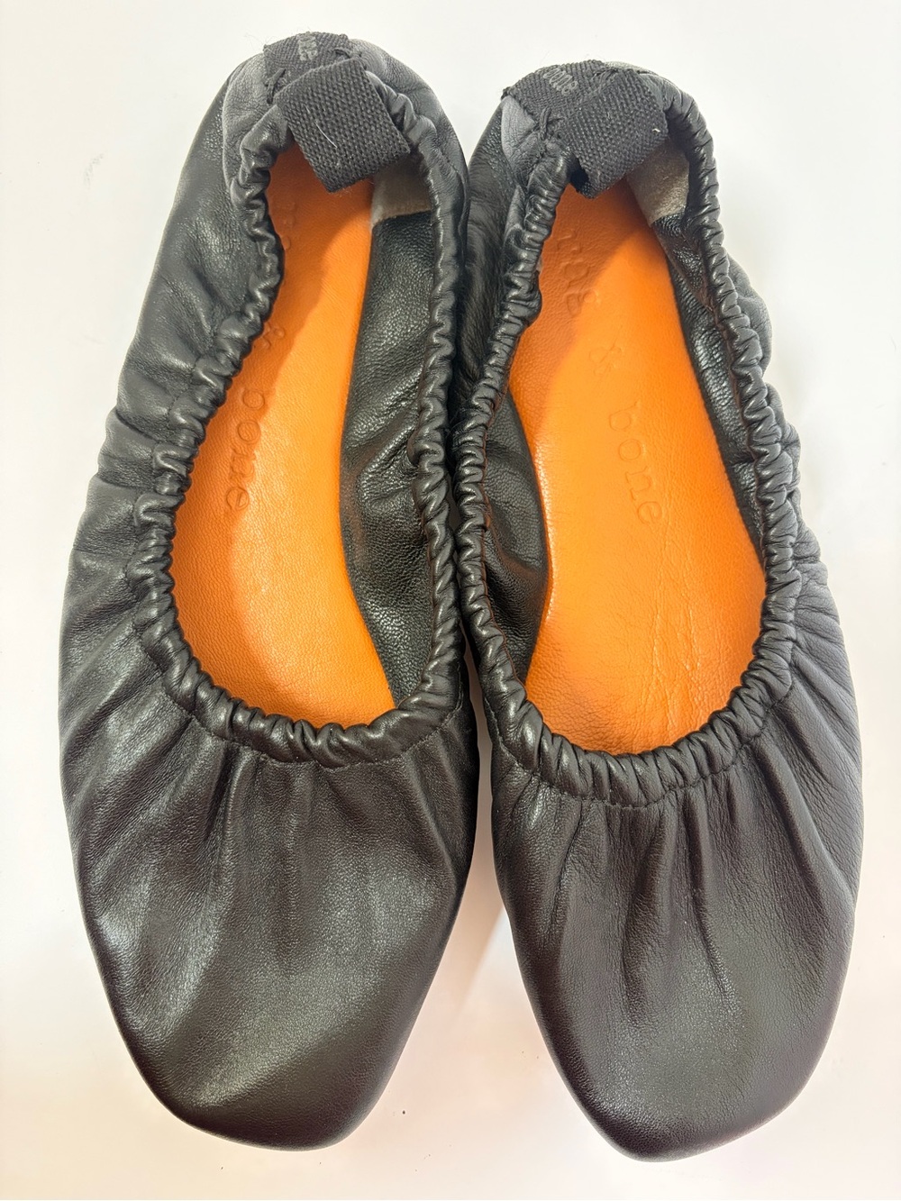 rag & bone Black Leather Elastic Ballet Flats with Orange Insole